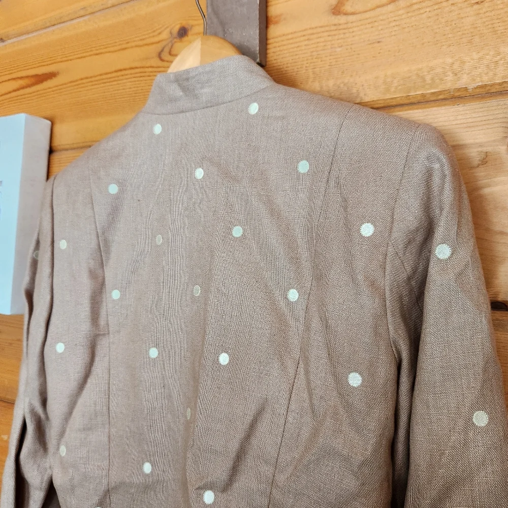 Donna Morgan Polka Dot Beige Tan Linen Blazer Suit Jacket Teill Embroidered Sz 4